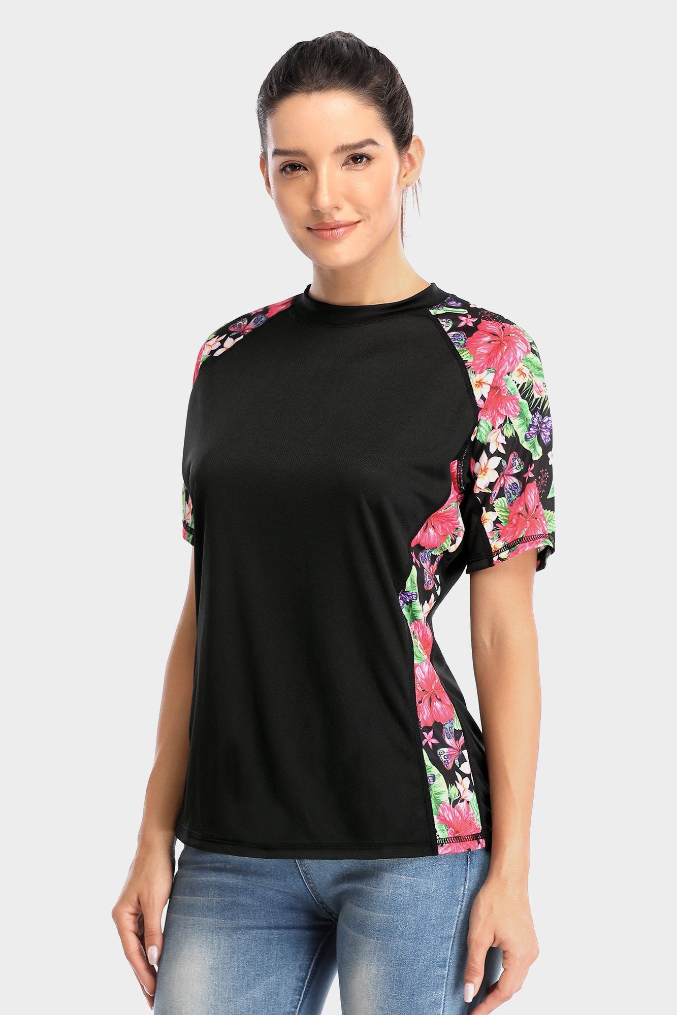 Women's Side Printed Short Sleeve UPF 50+ Rash Guard Swim Shirt
