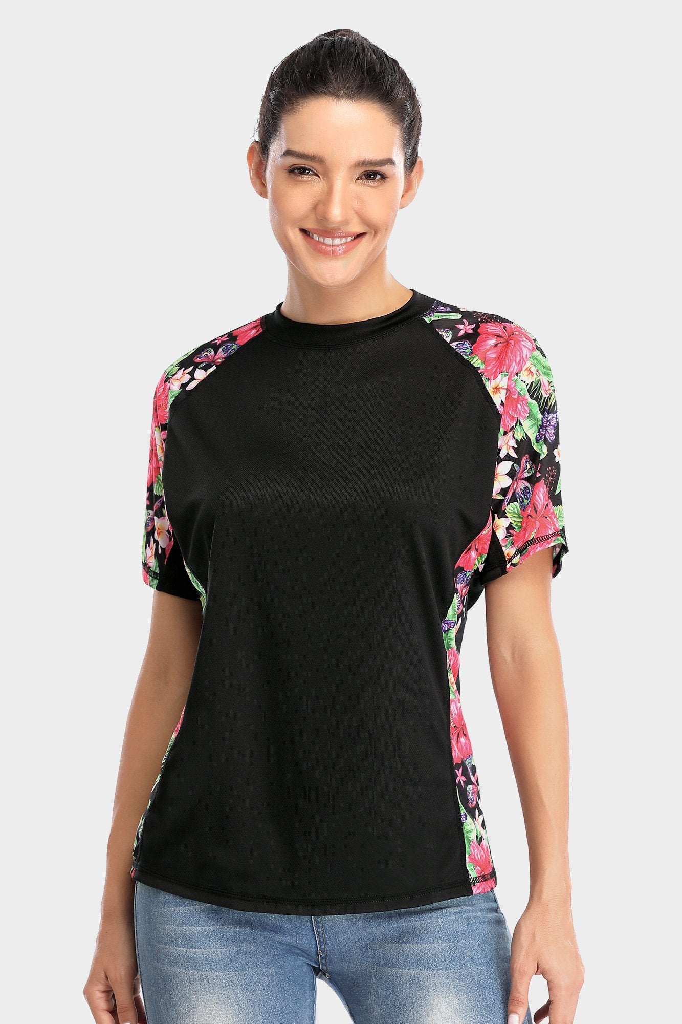 Attraco Women's Floral UPF 50+ Short Sleeve Rash Guard Swim Shirt