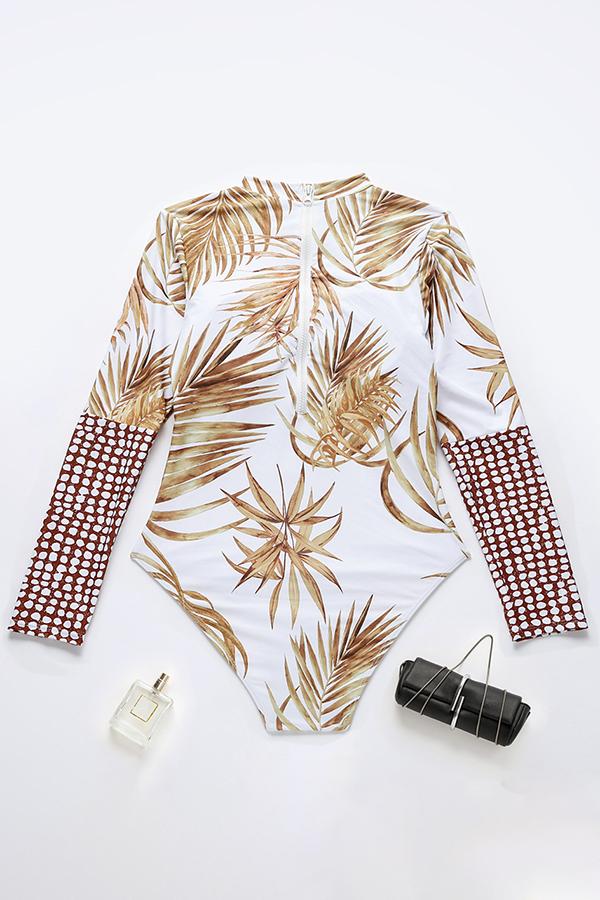 Coconut Leaf Print Long Sleeve Back Zip UPF50+ Rash Guard-Attraco | Fashion Outdoor Clothing