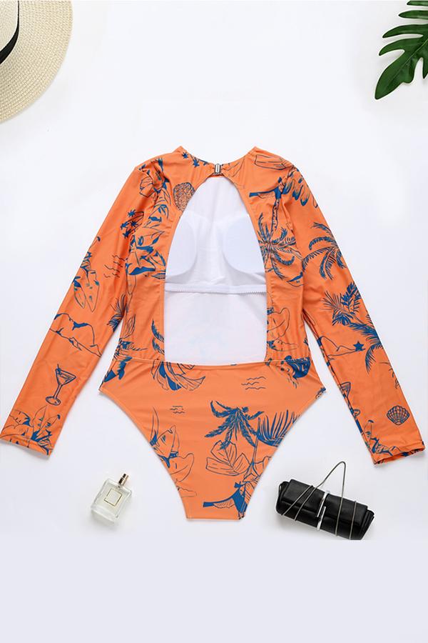 Coconut Tree Print Cut Out Long Sleeve UPF50+ Rash Guard-Attraco | Fashion Outdoor Clothing