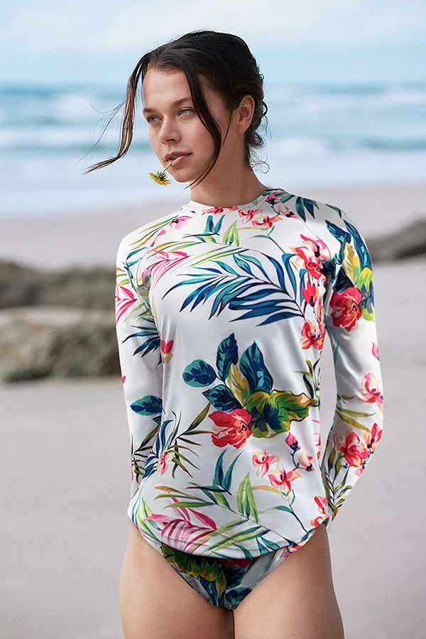 Floral Print Split Pullover Long Sleeve UPF50+ Rash Guard
